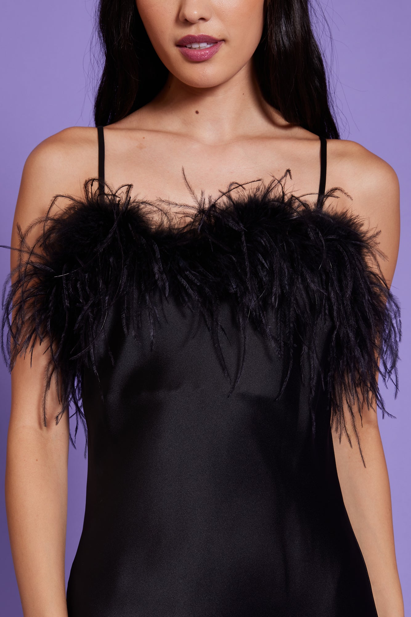 Flora Feather Slip Dress - Black