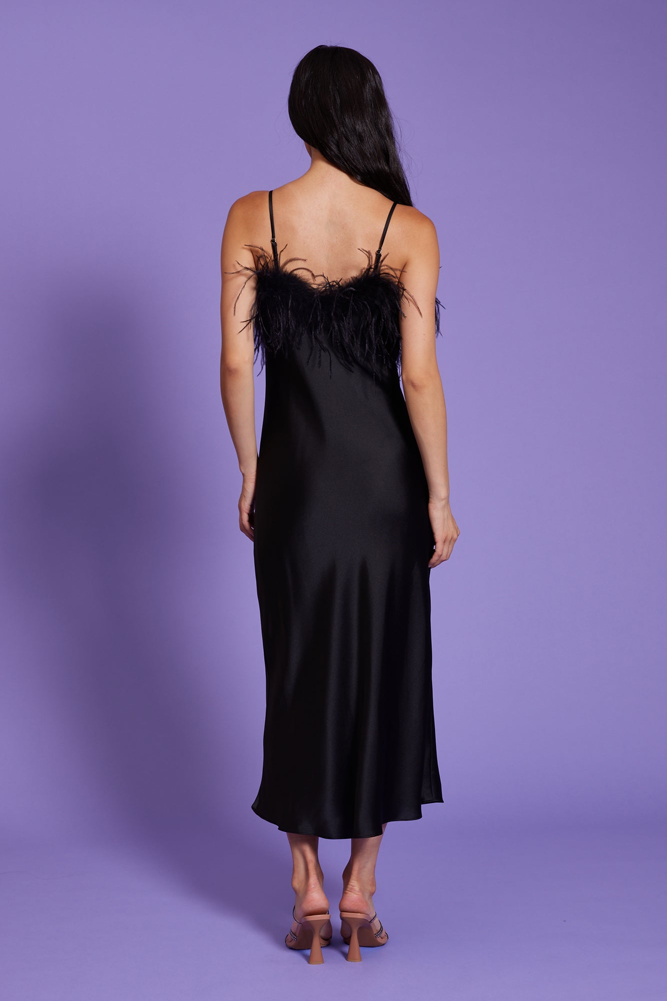 Flora Feather Slip Dress - Black